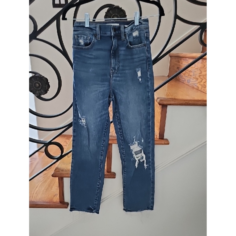 Eunina Ally Ultra High‎ Rise Straight Crop Distressed Jeans Medium Wash 3/26W
